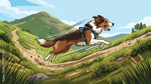 Energetic dog running with harness through scenic mountainous trail in vibrant vector illustration