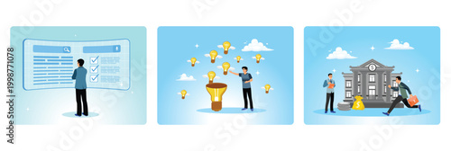 Businessman searches for career opportunities, develop new ideas, get money loans from banks.