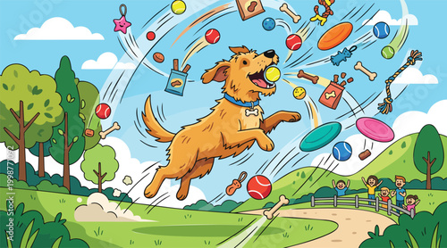 Happy golden retriever playing with various toys in a vibrant park setting, surrounded by flying objects and excited people