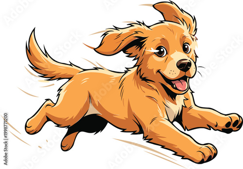 Happy cartoon golden retriever puppy running with joyful expression, playful and dynamic vector illustration