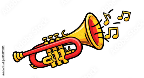 Cartoon Trumpet with Musical Notes, Brass Instrument Illustration