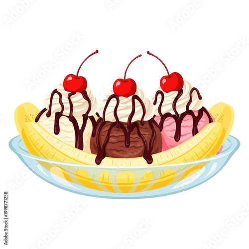 Quadro su tela Delicious Banana Split Ice Cream Dessert with Cherries and Chocolate Sauce