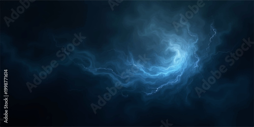 A powerful blue lightning bolt strikes through a dark storm cloudscape, creating a textured explosion of light against the foggy black night sky