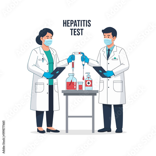 Medical professionals conducting a hepatitis test in a laboratory setting with equipment.