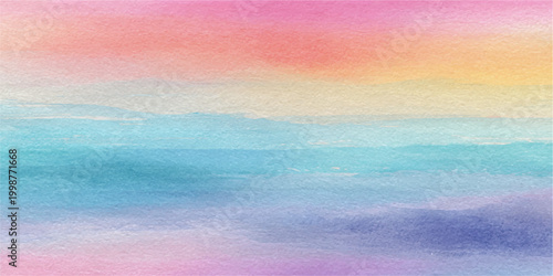 A vibrant and ethereal watercolor landscape, capturing the essence of a serene horizon, where gentle hues of a dreamy sky meet tranquil water. 
