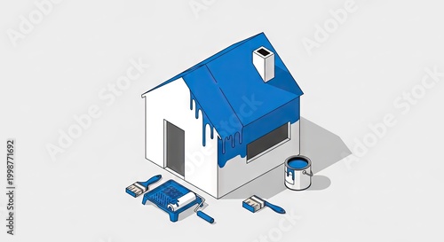 Isometric illustration of house painting with paint roller and brushes