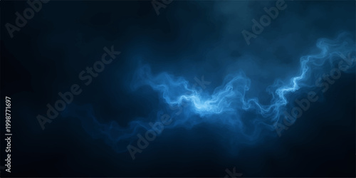 A dark storm cloudscape features bright blue lightning against an abstract texture of smoke and light for a dramatic nature backdrop design