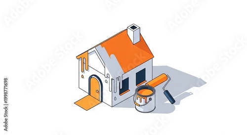 Isometric illustration of house painting with paint roller and bucket