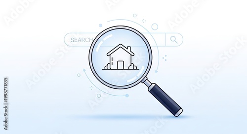 House search icon in magnifying glass on light blue background