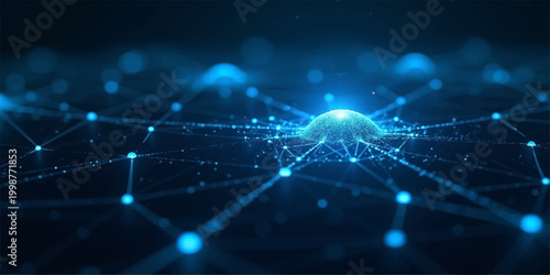 An abstract blue technology background features a digital network pattern with light lines and fractal wave elements to create a sense of motion and scientific energy