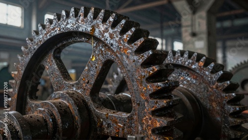 Rusty Industrial Gears with Oil Drip in Factory