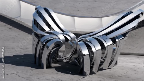Abstract Chrome Sculpture on Concrete Surface, Modern Art Installation