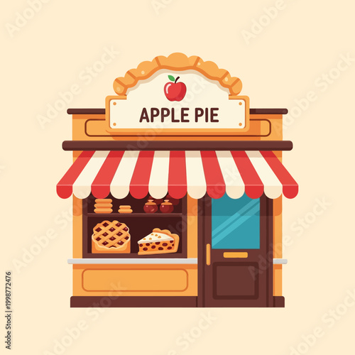Illustration of a charming apple pie shop with a striped awning and delicious treats.