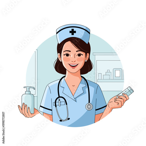 Friendly nurse holding sanitizer and medicine in a healthcare setting.