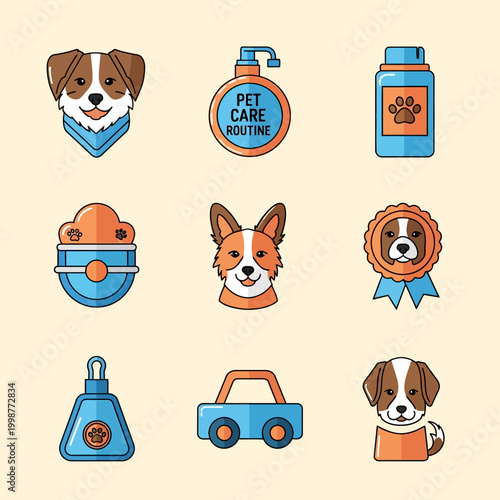 Collection of cute dog icons with pet care products and accessories.