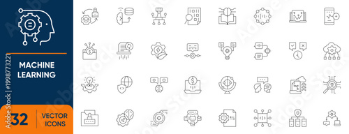 Machine Learning Icon Set. Containing Deep Learning, AI, Artificial Intelligence, Generative, Neural Network, Technology and more. Editable vector Line icons collection.