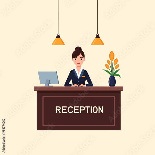 Receptionist at the front desk of a hotel or office, ready to assist.