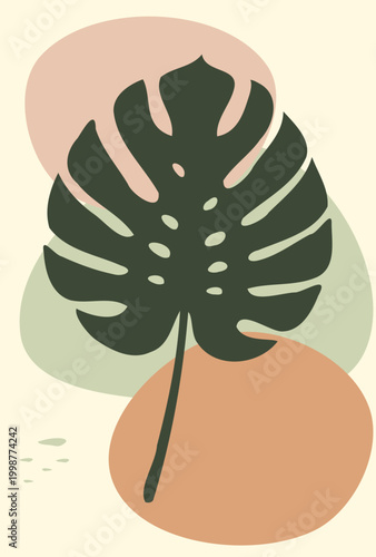 Minimalist boho monstera deliciosa leaf silhouette with organic abstract shapes