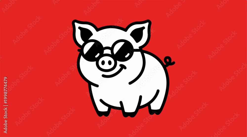Fototapeta premium Cartoon pig with sunglasses smiling.