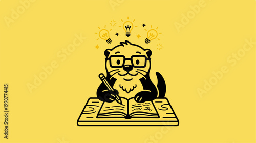 Cartoon Cat Wearing Glasses Studying Book.