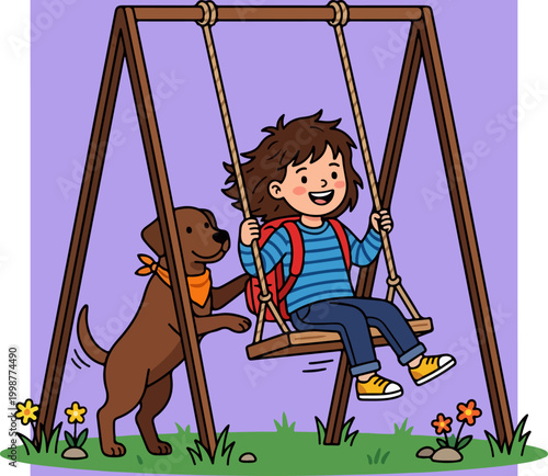 Child on swing with happy dog.