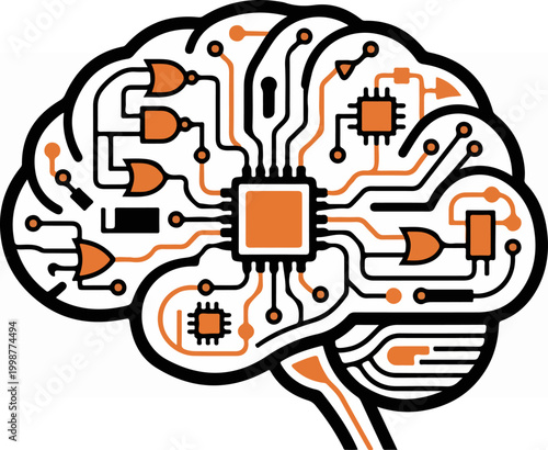 Circuit board brain with microchip.