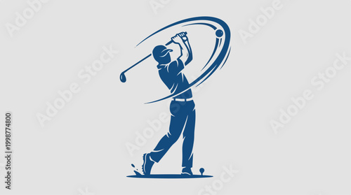 Golf player swinging club with motion.
