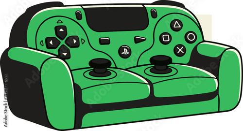 Green gaming controller shaped sofa seat.