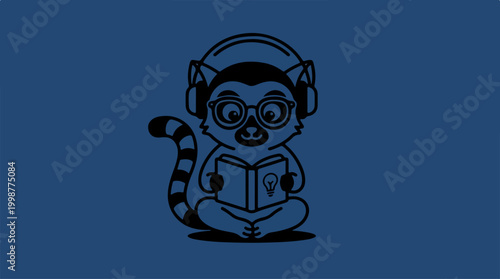 Lemur wearing headphones reading book.