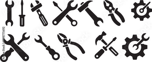 Workshop Tools Black Vector Icons. Wrench, screwdriver and gear icon. Screwdriver and wrench glyph icon.Tool Icon Set – Wrench, Hammer, Screwdriver & Gear Silhouette Vector Collection.