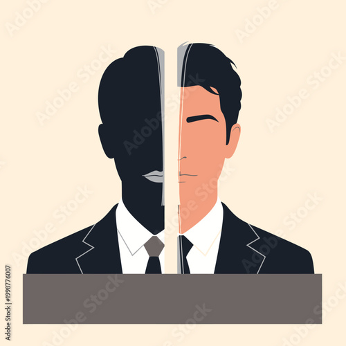 Conceptual illustration of duality and contrast in a person's personality and identity.