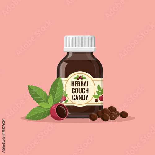 Herbal cough candy bottle with mint leaves and brown pills on pink background.