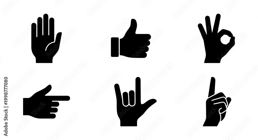 Obraz premium Set of 6 Black Hand Gestures Icons, Vector Graphics for Communication and Approval Symbols, Modern Flat Design