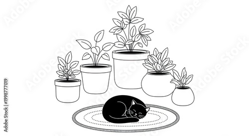 Black cat resting on rug surrounded by potted plants monochrome illustration