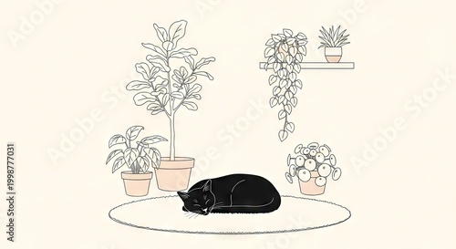 Black cat relaxing on rug surrounded by houseplants in minimalist illustration