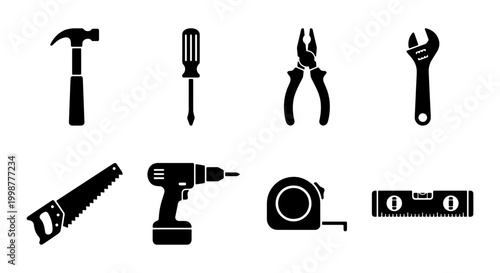 Essential Hand Tools and Power Tools Silhouette Set – Vector Icons for Construction, DIY, and Carpentry