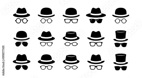 Cuadro en lienzo Incognito Character Icons Set – Minimalist Hat and Glasses Silhouettes for Priva