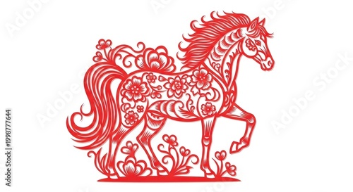 Elegant red horse illustration with floral patterns on white background