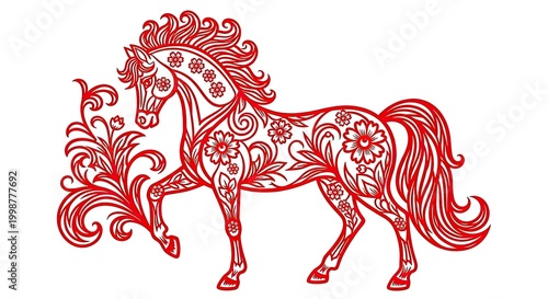 Elegant red horse illustration with floral patterns vector graphic isolated design