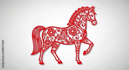 Elegant red horse silhouette with floral pattern on white background