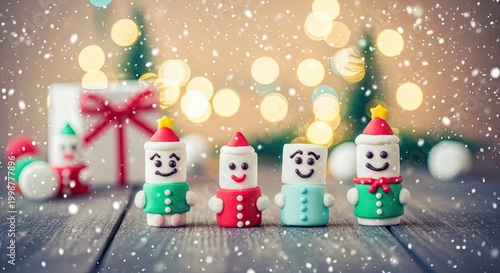 Festive christmas scene with snowman figures and falling snow bokeh effect