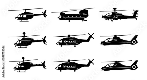 Slika na platnu Set of Military and Civil Helicopter Silhouettes Featuring Attack, Transport, an