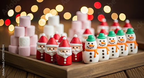 Festive holiday treats marshmallows and santa snowman decorations