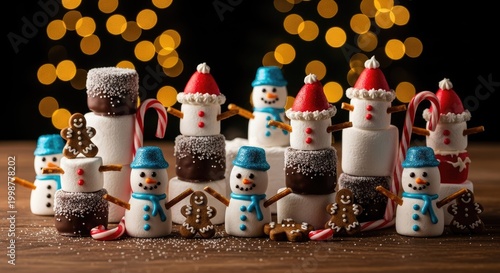 Festive marshmallow snowmen displayed against bokeh lights backdrop