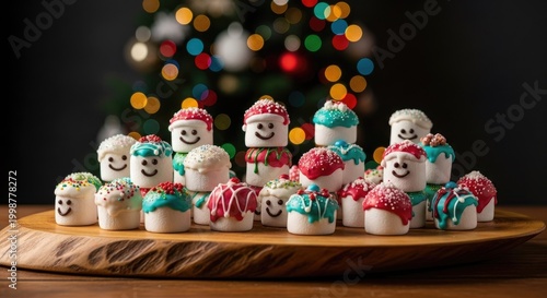 Festive marshmallow treats with smiling faces on wooden platter near christmas tree