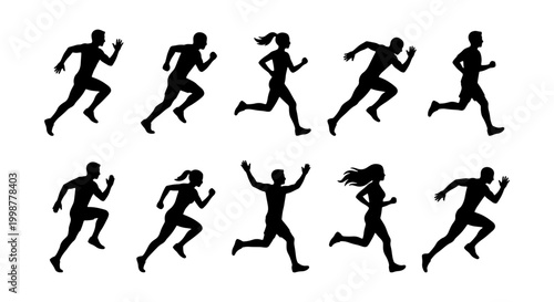 Bild auf Leinwand Set of Black Male and Female Runner Silhouettes in Motion – Sprinting Jogging an