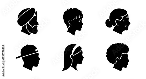 Tableau sur toile Multicultural Human Profile Silhouettes - Diverse Ethnic Head Portraits and Hair