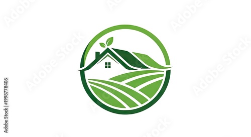 Green farm house logo with fields and leaves within a circle design