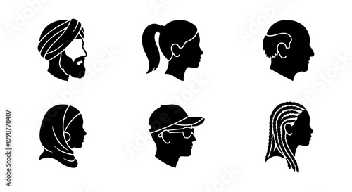 Tableau sur toile Multicultural Profile Silhouette Set - Diverse Ethnic Head Portraits and Hairsty