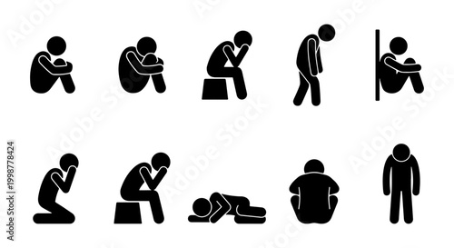 Foto Set of Stick Figure Silhouettes Representing Sadness Depression and Mental Healt